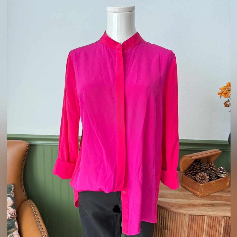 ELIE TAHARI color block Blouse long sleeve Pink/Fuchsia size S/P 100% Silk EUC